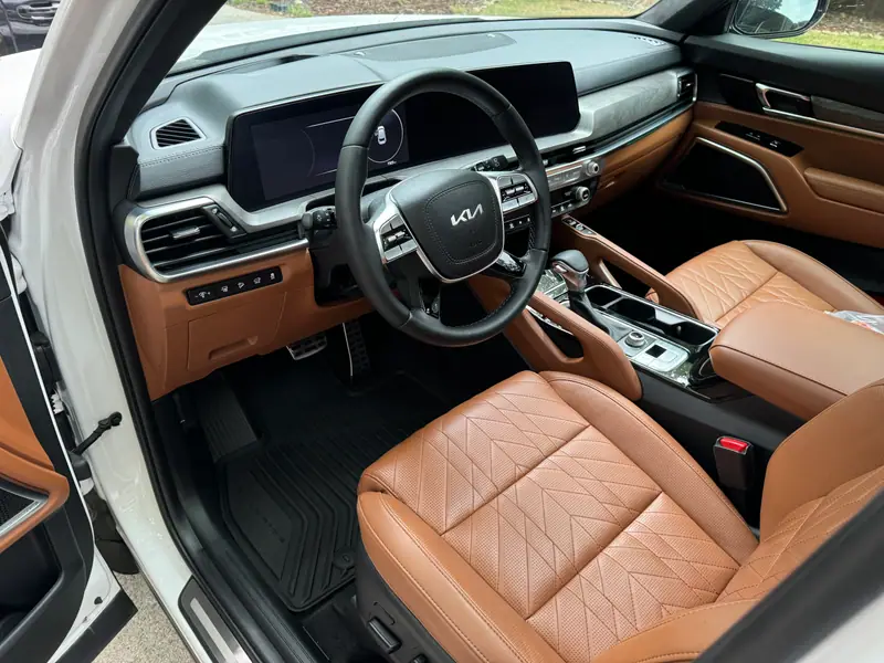Kia Telluride tan leather cabin after an interior deep clean